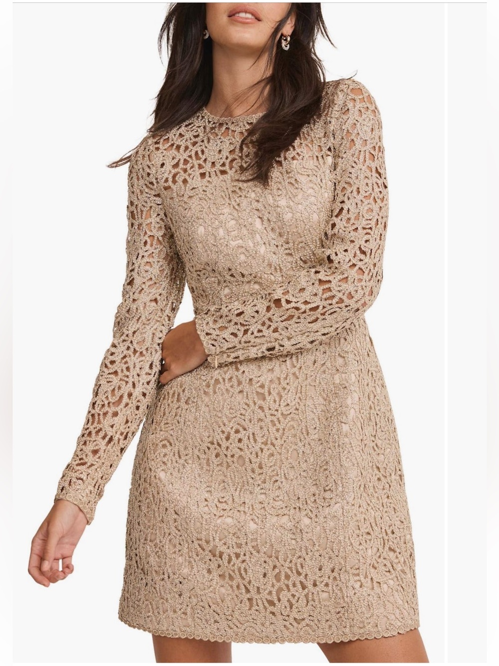 Long-Sleeve Crochet Mini Dress in metallic gold beige color.